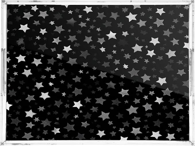 Serving Tray with Handles Clear Acrylic Tray 12x16 Inch Decorative Rectangular Tray Organizer for Ottoman Coffee Table Bathroom Cute Silver and Gray Stars