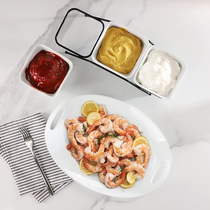 3 pcs square bowl Porcelain Chip & Dip Serving Set with Black Metal Stand, 4.5inch White Small Serving Bowls for Side Dishes, Salsa, Appetizer, Serving Dishes for Entertaining 11.5 OZ