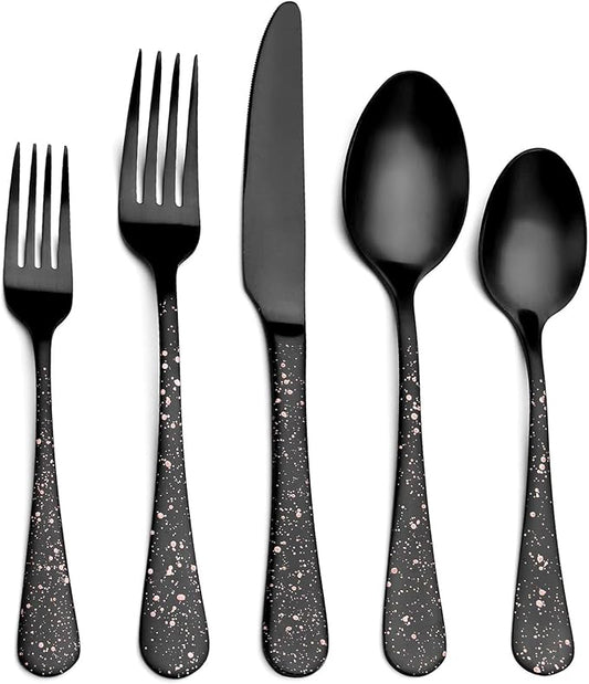 O.C.E. Matte Black Silverware Set, Stainless Steel Flatware Set, 20-Piece Tableware Cutlery Set Service for 4, Satin Finish Tableware Utensils Set, Dishwasher Safe (Starry Pink)