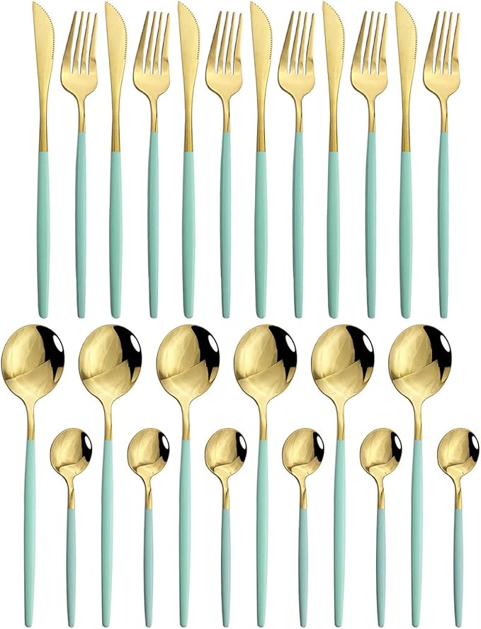 JASHII 24 Piece Titanium Mint Green Plated Stainless Steel Flatware Set,Mint Green Handle With Gold Mouth Utensils Set, Cutlery Set Service for 6