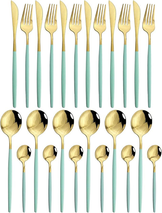 JASHII 24 Piece Titanium Mint Green Plated Stainless Steel Flatware Set,Mint Green Handle With Gold Mouth Utensils Set, Cutlery Set Service for 6