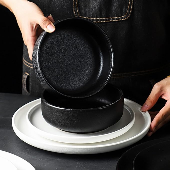 Matte Dinnerware Set - 52 Pieces Dinner Set Black & White Porcelain Crockery Kitchen Dish Set Ceramic Tableware Combination Set - Dinner Plate/Dessert Plate/Steak Plate/Bowl Service f