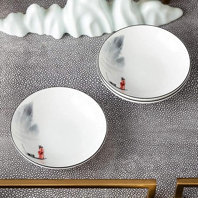 Chinese Dinnerware Set for 4/6/12, Black and White Plates and Bowls, Porcelain, 18 Pieces