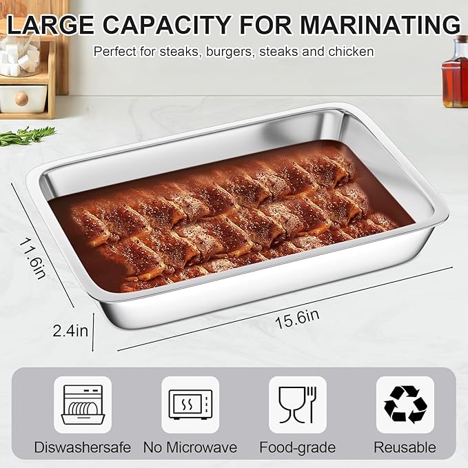 Grilling Prep and Serve Trays, Set of 4 Stackable Stainless Steel BBQ Trays with Cutting Board, Deep Marinating Container, Serving Platter for Plating Food, BBQ Prep Tub for Marinating Meats