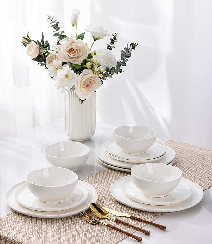 GBHOME Ceramic Dinnerware Sets for 4, 12 Pieces Porcelain Lightweight Plates and Bowls Sets, Scratch Resistant Dish Set, Oven & Microwave & Dishwasher Safe, Angel White