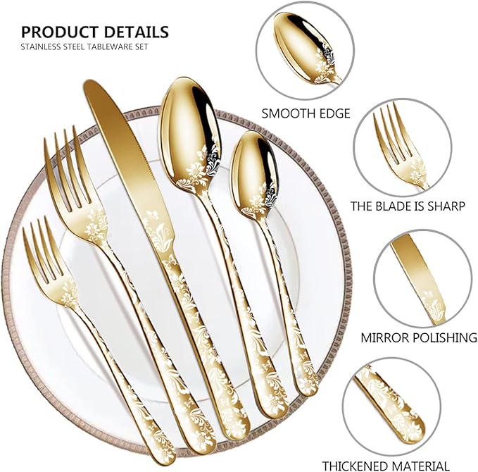 vilihkc Vilihkc 20 piece Unique Pattern Design Silverware Set, Stainless Steel Flatware Set Service for 4, gold Cutlery Set, Mirror Polished Utensil Set for Kitchen, Dishwasher Safe