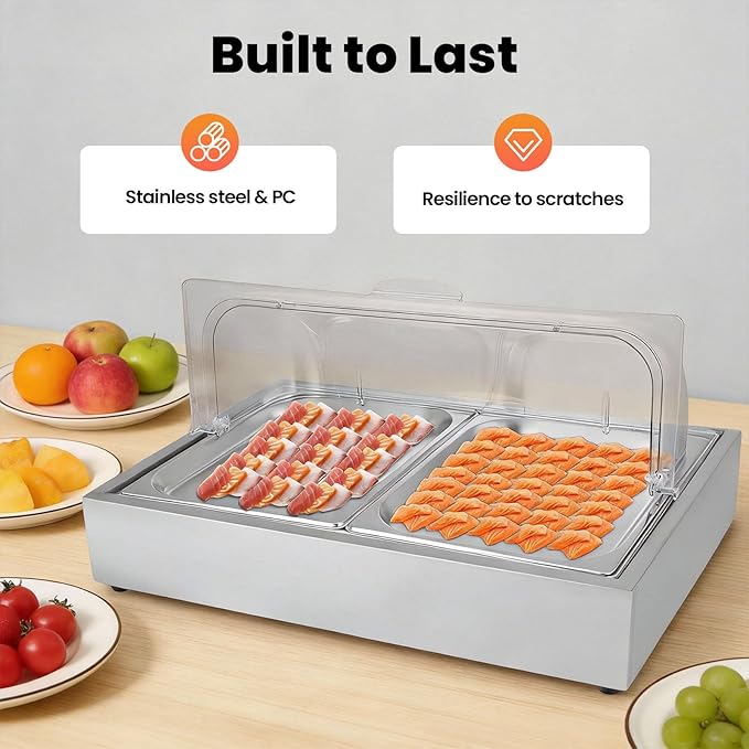 Ice Food Serving Display Tray, 3L 2 Pan Spice Display Salad Dressing Cooler Food Dishes Display Plate Case w/Clear Roll Top Cover for Outdoor Buffets Parties & Restaurant (Silver)
