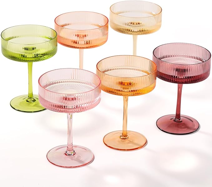 Cyrelwing 9 oz Colored Coupe Glasses Set of 6 Ribbed Colorful martini Glasses for espresso dessert