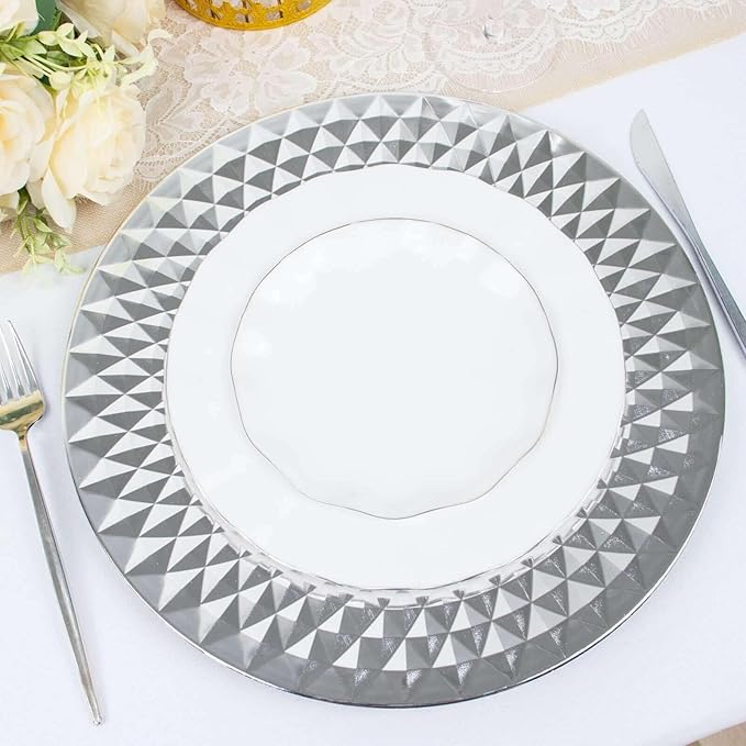Efavormart 6 Pack | 13" Sparkling Silver Diamond Disposable Dinner Serving Plates, Shiny Round Plastic Charger Plates