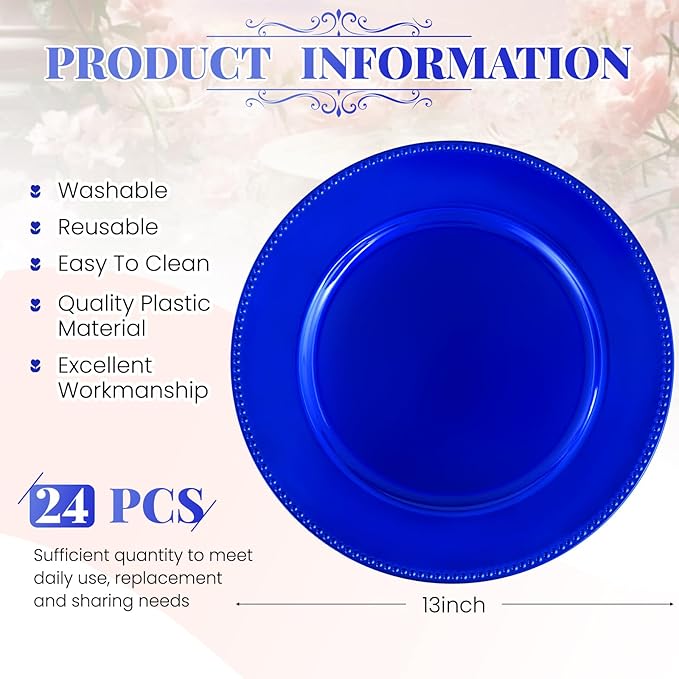 24 Pcs Royal Blue Charger Plates Bulk, 13" Round Beaded Plate Chargers for Dinner Plates, Decorative Dinner Chargers Plastic Table Chargers for Wedding Party Baby Shower Event Decoration (Royal Blue)