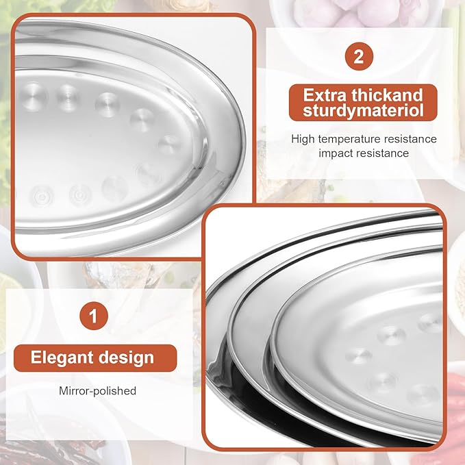 MAQUITA 3 Pcs Stainless Steel Serving Tray Large Oval Platter Set,Oval Serving Set Heavy Duty Metal Serving Tray Large Mirror Polish Sizzle Plate,12 in, 14 in, 16 in