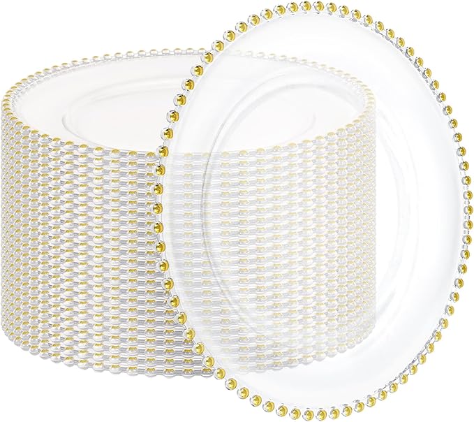 24 Pack Clear Charger Plates 13 Inch Clear Plastic Charger Plates with Beaded Rim Acrylic Round Dinner Plates for Home Kitchen Catering Wedding Table Event Party Dinner Tabletop Decoration (Gold)