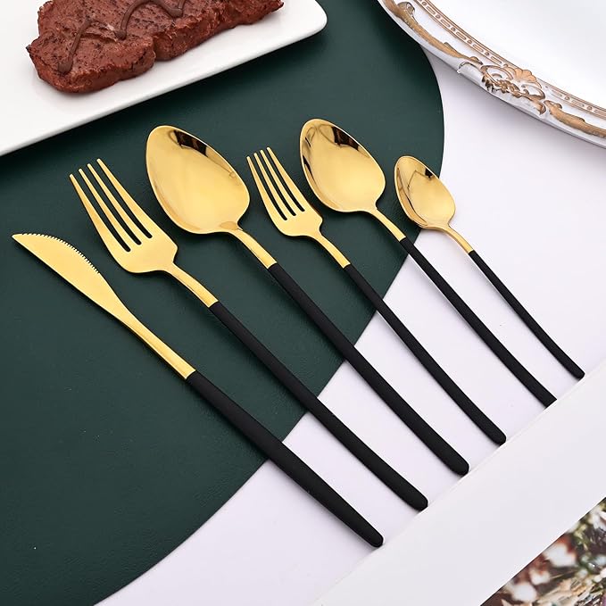 36pcs Silverware Set, 18/10 Stainless Steel Serving Flatware With Curved Handle For 6, Durable Eating Utensils For Home Entertaining, Mirror Polished (Black Gold)
