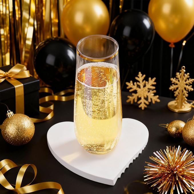 Ciaell 24 Pack Gold Plastic Champagne Flutes - 9 Oz Disposable Champagne Glasses - Stemless Mimosa Glass for Parties & Weddings & Birthdays & Christmas