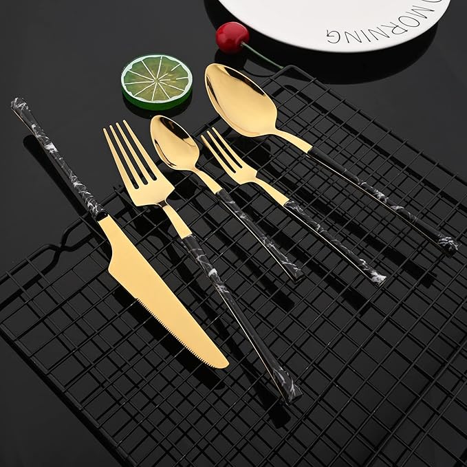 JASHII 30pcs Stainless Steel Imitation Marble Handle Cutlery Flatware Set,Tableware Knife Cake Fork Spoons Dinnerware Set Party Kitchen Silverware for 6, Mirror Polished - Black&Gold