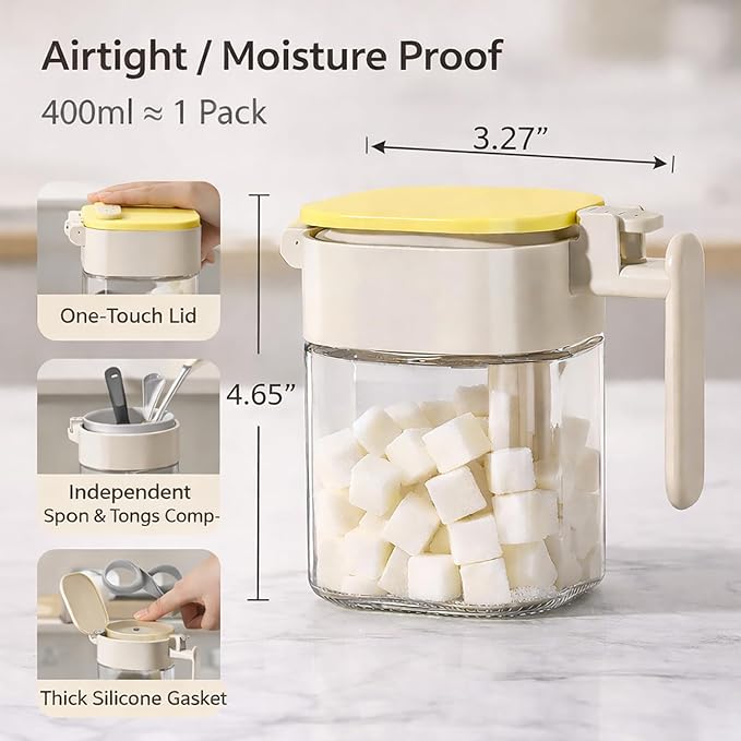 Sugar Cube Container with Tongs, 400ml Airtight Sugar Bowl with One-Touch Lid & Spoon Storage, Hygienic Utensil Compartment Jar for Coffee Bar Sugar Cubes or Powder (1, Beige)