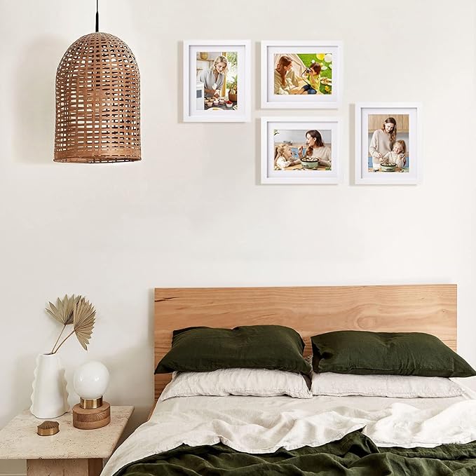 Egofine 8x10 Picture Frames Set of 4, Made of Solid Wood Covered by Plexiglass 4x6 and 5x7 with Mat or 8x10 without Mat, for Table Top Display and Wall Mounting Photo Frame White