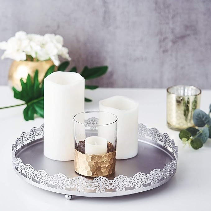 Plastic Round Premium Decorative Serving Tray with Embellished Rims - Silver