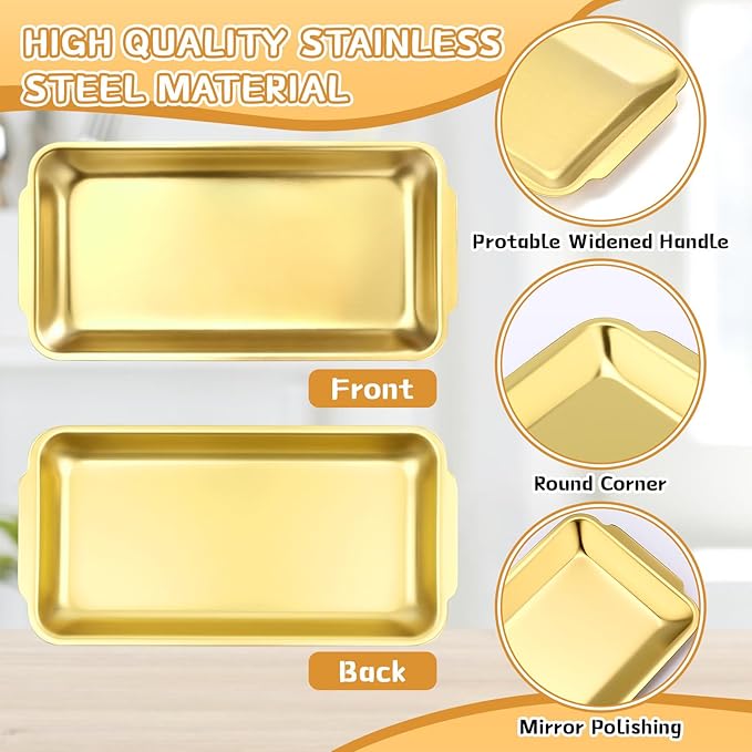 Gold 12 Pcs Small Stainless Steel Serving Tray Bulk 8.66'' x 4.33'' Rectangle Stainless Steel Food Serving Platter with Handle Vanity Tray Decorative Party Plate for BBQ Buffet Appetizer