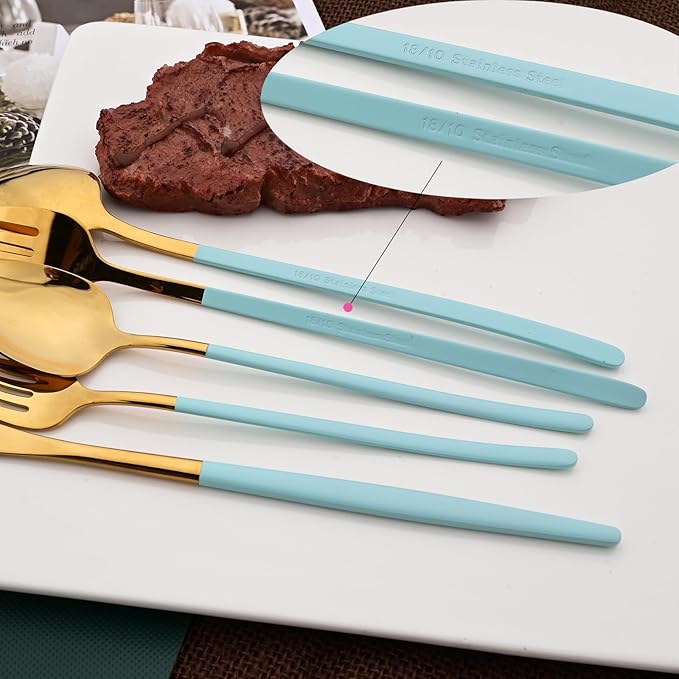 36pcs Silverware Set, 18/10 Stainless Steel Serving Flatware With Curved Handle For 6, Durable Eating Utensils For Home Entertaining, Mirror Polished (Mint Green Gold)