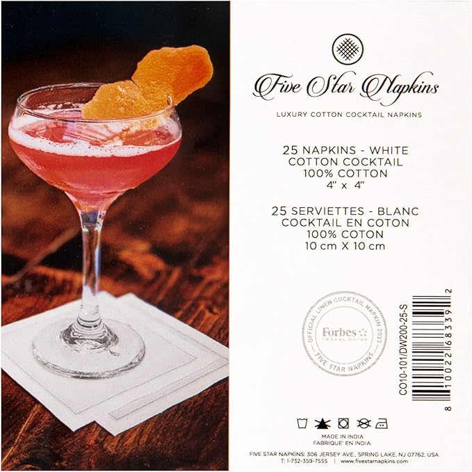 Five Star Cotton Cocktail Napkins, Beverage & Party Napkins - 4" x 4" Single Use (25 pack) White