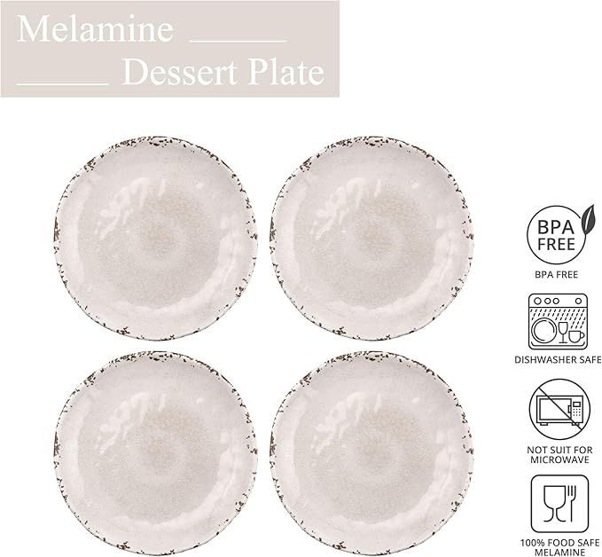 UP Crackle Melamine Round Dessert Plates, Small Serving Plates, for Appetizer, Snacks, and Side Dishes, Cream, 6 Inch, Set of 4