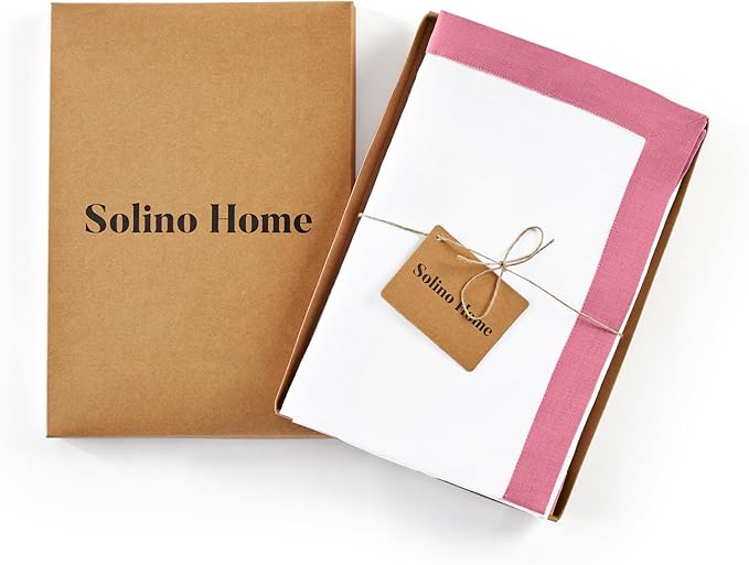 Solino Home Linen Cloth Napkins Set of 4-100% Pure Linen Pink Carnation and White Dinner Napkins 20 x 20 Inch for Christmas - Classic, Handcrafted and Machine Washable