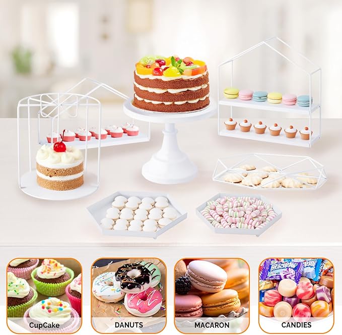 ROVSUN 7PCS Gold Cake Stand Set, Dessert Table Display Set, Metal Cupcake Stand, Cupcake Holder Fruit Candy Plate Serving Tower Tray Platter for Birthday Party Wedding Baby Shower Anniversary，White