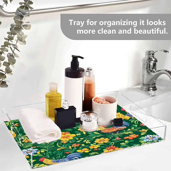 Serving Tray with Handles Clear Acrylic Tray 12x16 Inch Decorative Rectangular Tray Organizer for Ottoman Coffee Table Bathroom Green Rooster and Flower Spring