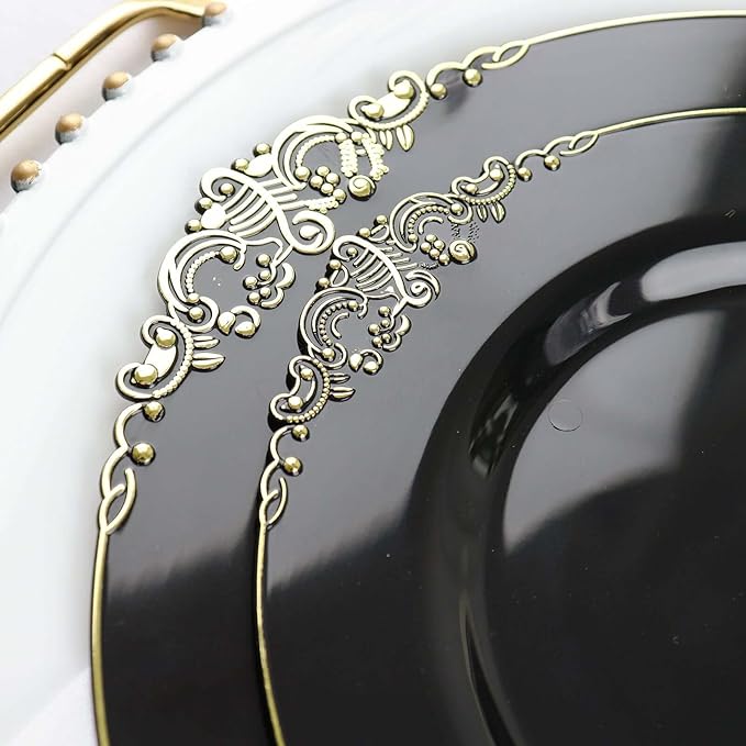 8" Salad Plates -Set of 30 - Plastic Black Round Baroque Disposable Chargers Leaf Embossed Rim, Ideal for Dinner Party Wedding Bulk Events