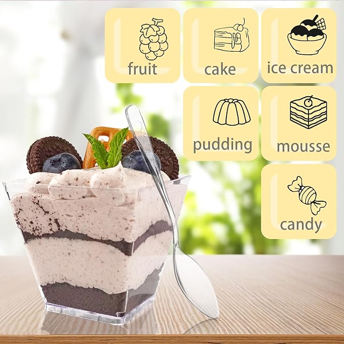 30 Pack 3.5 oz Square Dessert Cups with Spoons, Mini Plastic Parfait Appetizer Cups, Clear Reusable Small Shooter Cups, Serving Bowls for Tasting Party Samples Dessert Shot Glasses
