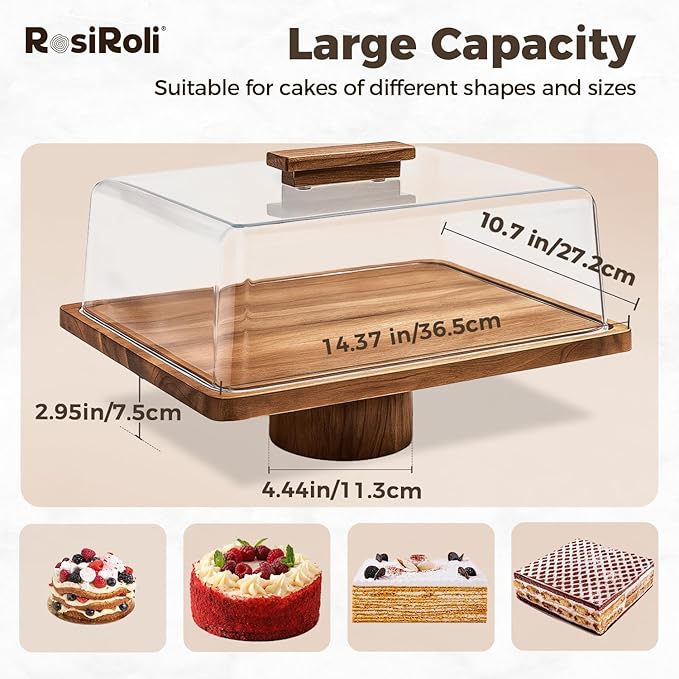 Acacia Wood Cake Stand with Lid –2-in-1 Rectangular Charcuterie Board & Dessert Display, Shatterproof Acrylic Dome Cover for Freshness, Serving Platter for Parties, Weddings, Birthdays, Gifts
