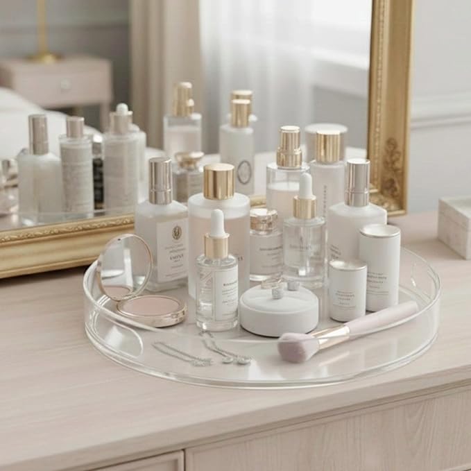 Amazing Abby - Sultana - 2-Pack Acrylic Vanity Tray (12" Dia.), Plastic Bathroom Countertop Organizer, Round Coffee Table Tray, Clear Dish for Home Decor, Great for Makeup, Perfume, Jewelry, and More