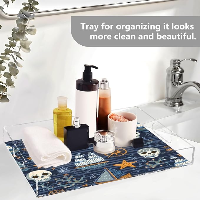 Serving Tray with Handles Clear Acrylic Tray 12x16 Inch Decorative Rectangular Tray Organizer for Ottoman Coffee Table Bathroom Blue Pirate Skulls Sailboats Starfish and Compass