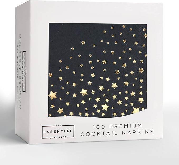 Stylish Black and Gold Napkins, 100 Black Star Napkins, 5x5 Inch Black&Gold Cocktail Napkins, Disposable Star Cocktail Napkins for Party
