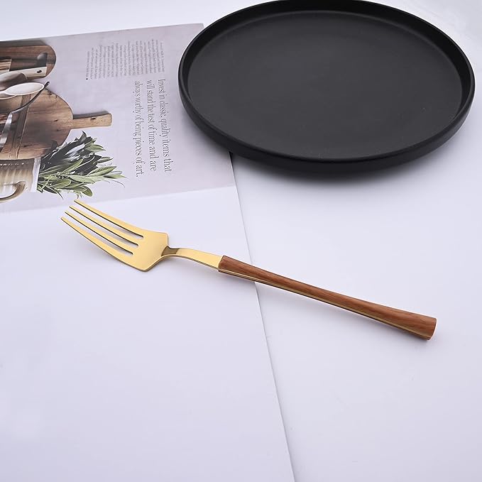 24PCS Faux Wooden Handle Flatware Set For 6 Family Stainless Steel Silverware Set Include Knifes Forks Spoons and Teaspoons Gold Tableware Cutlery Set Eating Utensils for Home Kitchen Restaurant