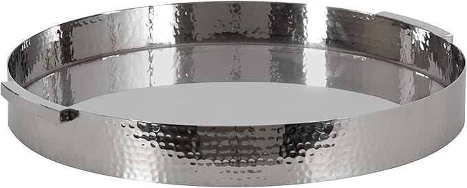 Kate and Laurel Samana Modern Glam Round Metal Tray; 16 Inch Diameter; Silver; Circular Polished Stainless Steel Decorative Tray with Hammered Surface and Minimalist Handles