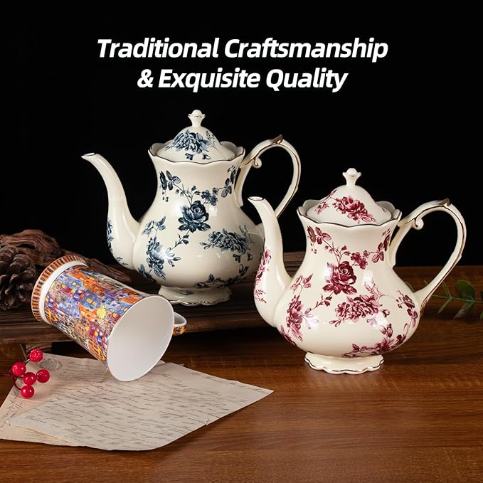 KAMMAK Teapot with Handle, Vintage Porcelain Tea Pot with Gold Trim, Blooming & Loose Leaf Teapot, Festive Holiday Serveware, Gifts for Women, Red Flowers - 30 oz