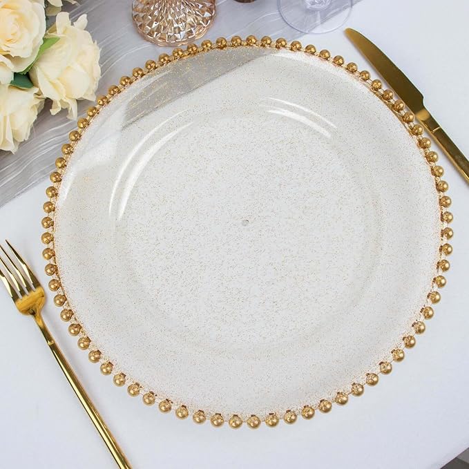 Efavormart 12-Pack Acrylic Charger Plates 13" Round Clear Gold Glittered with Beaded Rim - Decorative Dinner Party Serving Plates