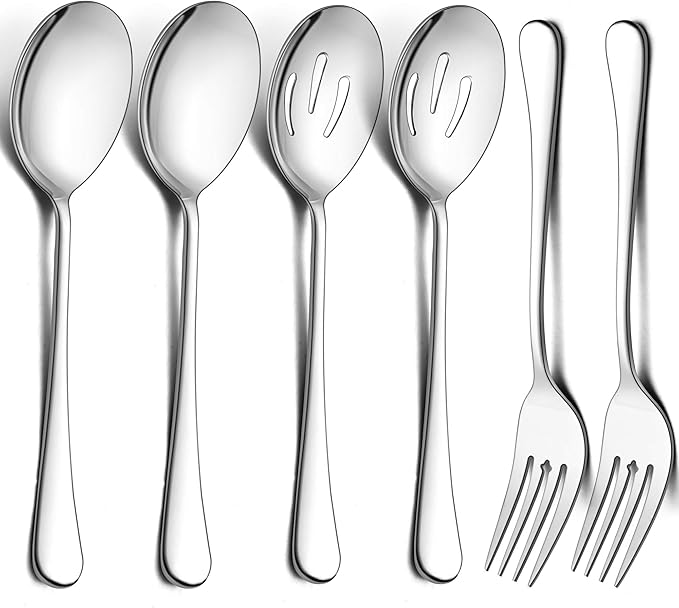 LIANYU Large Serving Spoons and Forks Set of 12, Stainless Steel Buffet Catering Dinner Party Slotted Serving Spoon Fork, 9.8 Inch, Mirror Finished, Dishwasher Safe