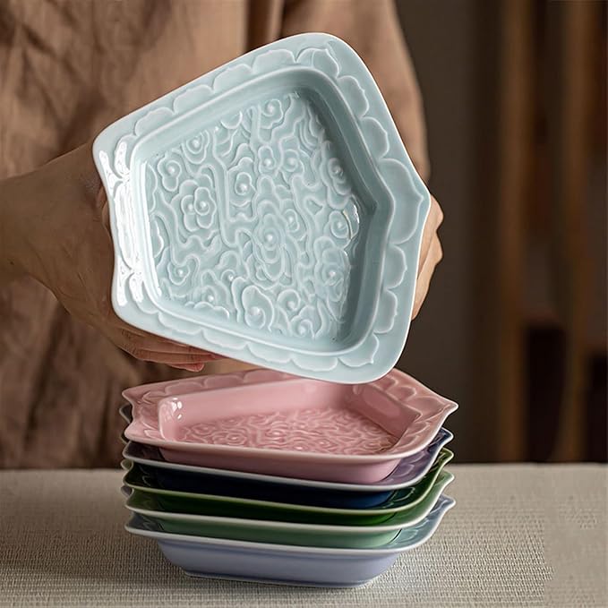 Sauce Dish Creative Relief Auspicious Clouds Plate Zen Tea Point Plate Ceramic Snack Plate Dessert Snack Plate Snacks Fruit Plate Snack Plate(Pink)