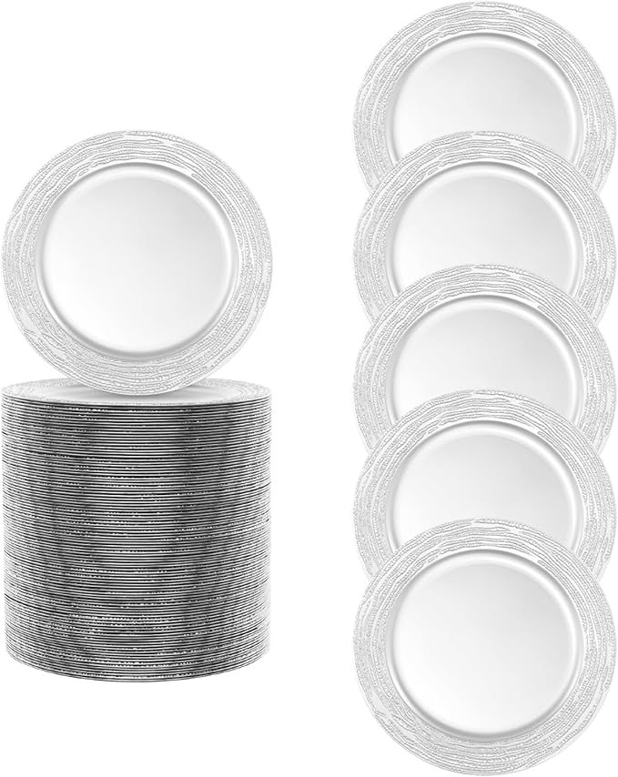 100 Pack Chargers for Finner Plates, 13 Inch Plastic Round Bright Charger Plates Bulk, Wedding Decoration for Table Setting Wedding Party Event Tabletop (Silver)