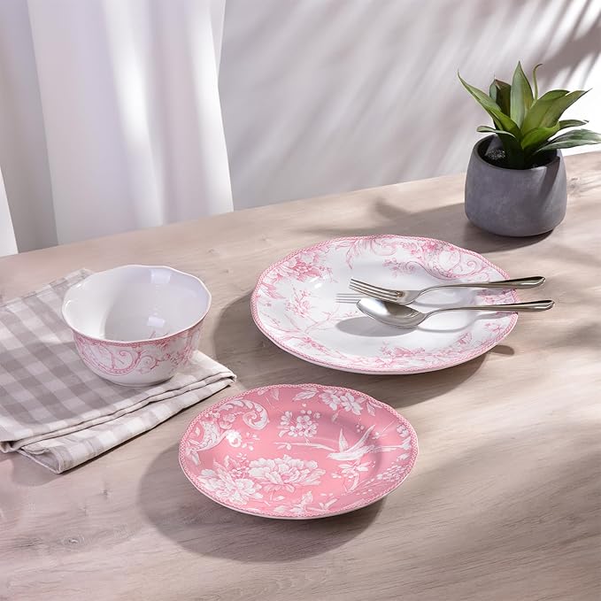 222 Fifth Adelaide Blush 12-Piece Pink Porcelain Dinnerware Set – Service for 4, Plate & Bowl Set, White with Pink Floral Pattern, for Daily Dining & Entertainment, Microwave & Dishwasher Safe