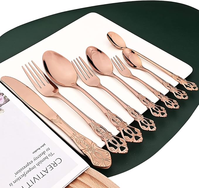 Elegant 32-Piece (4 Set) Retro Flatware Set, Stainless Steel Cutlery Set - Complete Eating Tableware Serving Set, Dishwasher Safe, Shiny Mirror Polish (Rose Gold)