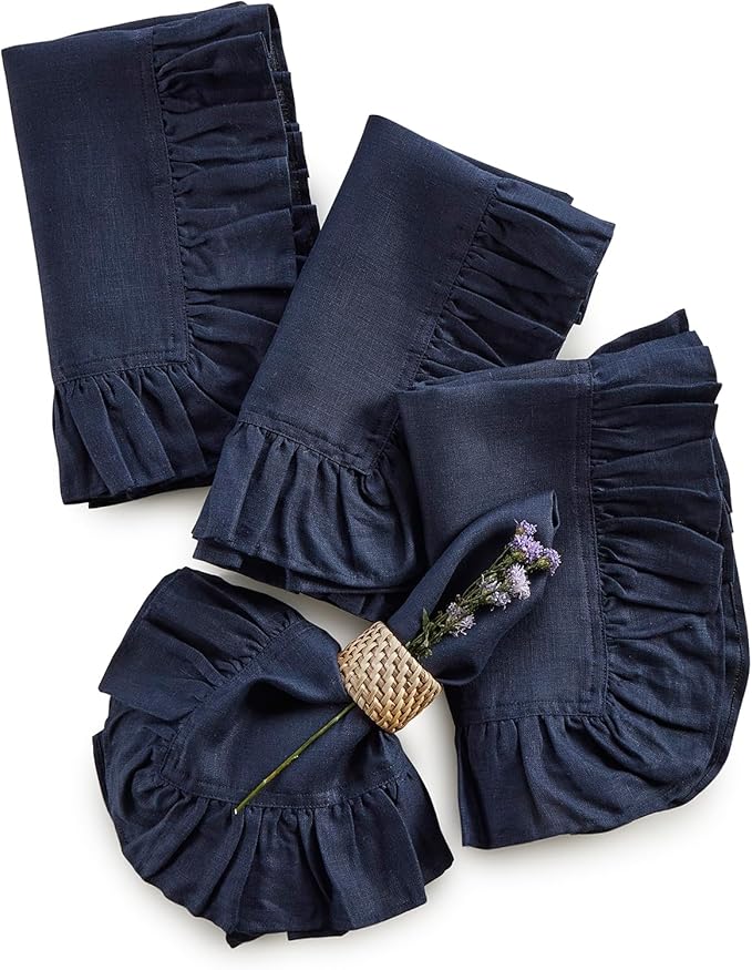 Solino Home Linen Ruffle Napkins Set of 4-100% Pure Linen Navy Blue Dinner Napkins Cloth 20 x 20 Inch for Winter - Gabrielle Ruffle, Handcrafted and Machine Washable