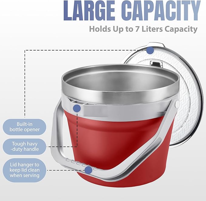 COKTIK 7L Vacuum Insulated Ice Bucket with Lid and Scoop& Tongs，Large capacity Stainless Steel Beverage Bucket for Cocktail, Champagne, Wine, Beer，Large Parties（Red Suit）