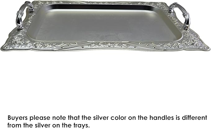 (Pack of 2) 14.2 inch x 10.2 inch Rectangular Chrome Serving Tray with Handles Vintage Floral Edge Engraved Decorative Wedding Birthday Buffet Party Wine Plate Platter Base CC-409