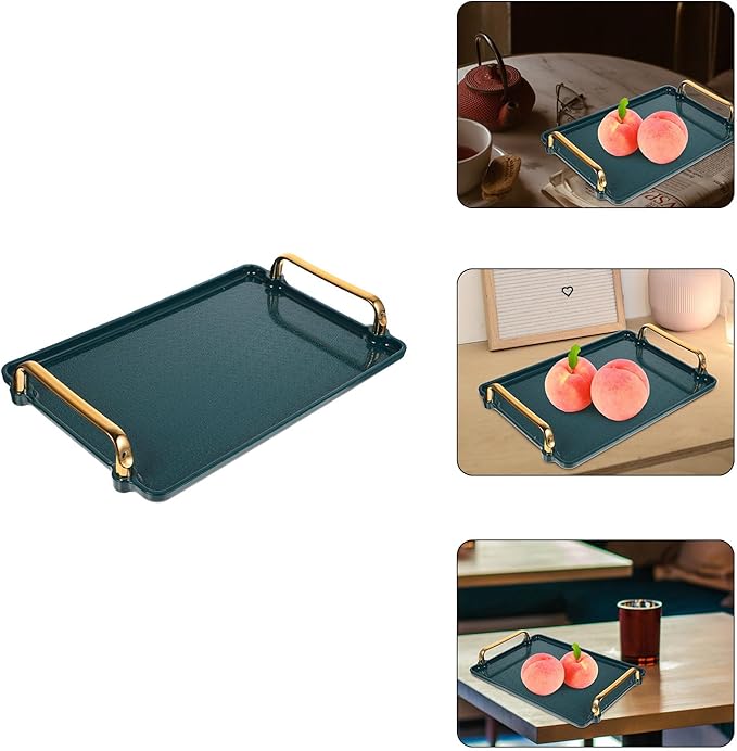 VALICLUD Rectangular Household Storage Tray with Handles, Small Textured Dark Green Tea Set Serving Tray for Kitchen and Dining Table Organization