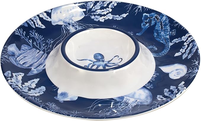 Sea Life Melamine 3-Piece Hostess Serving Set – Coastal Ocean-Themed Chip & Dip Bowl, 3-Section Relish Tray, and Rectangular Platter, Break-Resistant Nautical Tableware, Dishwasher Safe