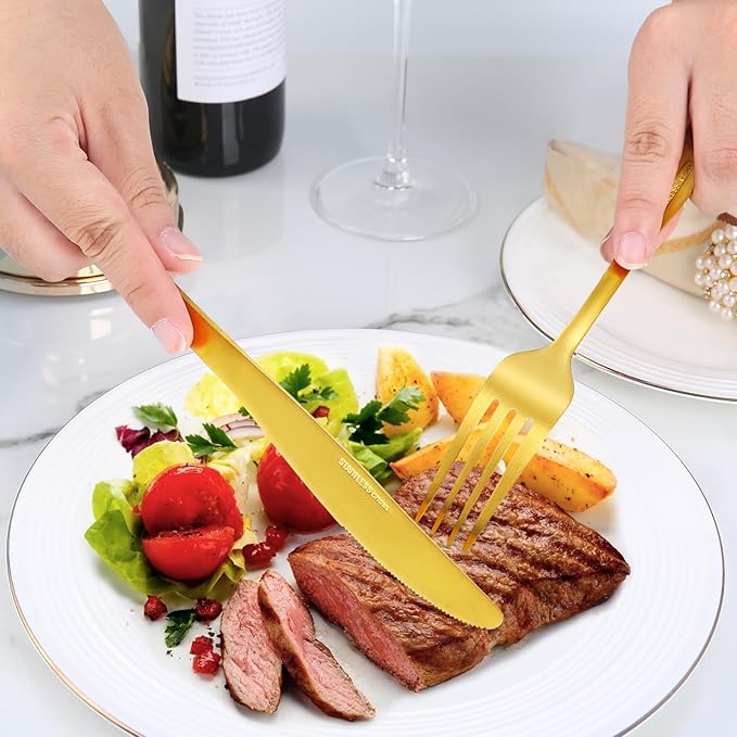 Gold Silverware Set, Lorena 20 Piece Golden Cutlery Set Gold Utensils Set Stainless Steel Flatware Kitchen Utensils Set Silverware Set, Include Fork Knives Spoons for Home Restaurant Hotel